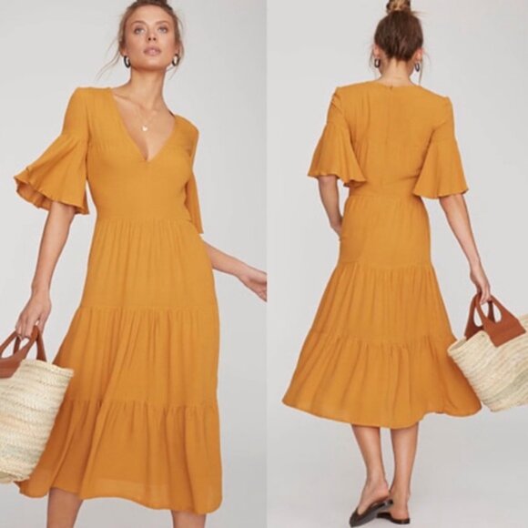 Faithfull The Brand Melia Arwen Tiered Butterscotch USA 8 / Large Midi Dress EUC - Picture 1 of 12